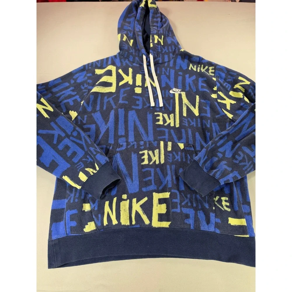 Nike Sportswear All Over Print Graffiti Logo Hoodie Navy Blue Neon Yellow Mens M